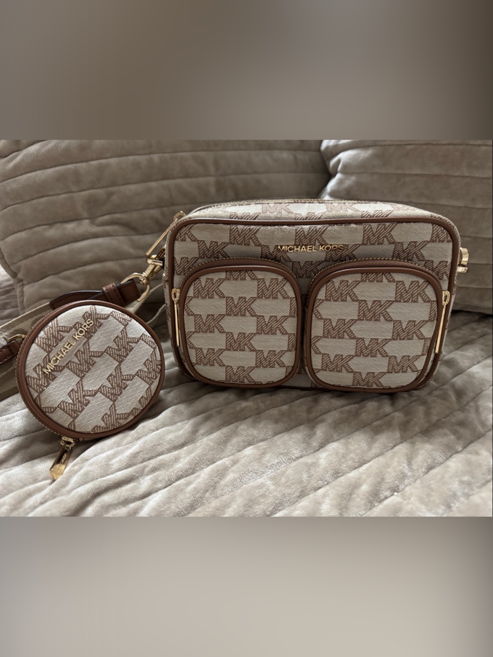 Michael Kors Beige & Brown Monogram Triple-Pocket Crossbody with Coin Pouch.